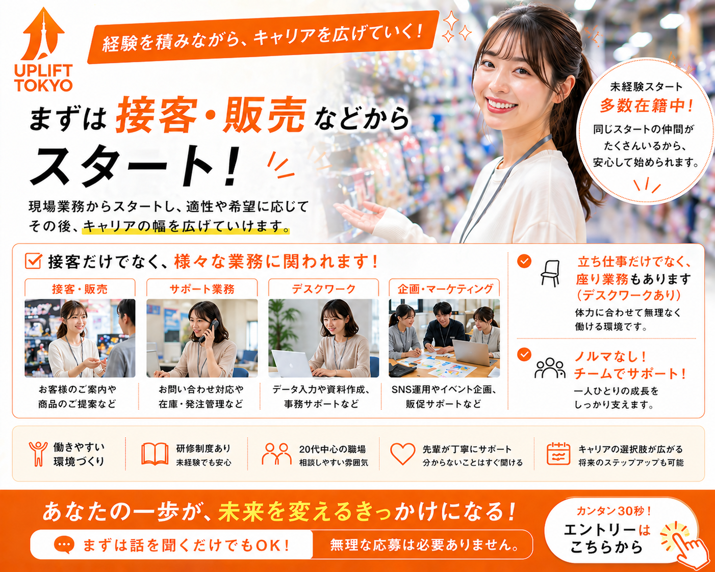 （雇用元）勤務先：東京都内の店舗・オフィスなど（配属先） ※接客・事務・ヘルプデスクなど幅広い業務ありの期間の定めなし（無期雇用派遣） 未経験からスキル習得｜動画・SNSに関われる仕事 販売・接客の求人情報イメージ4